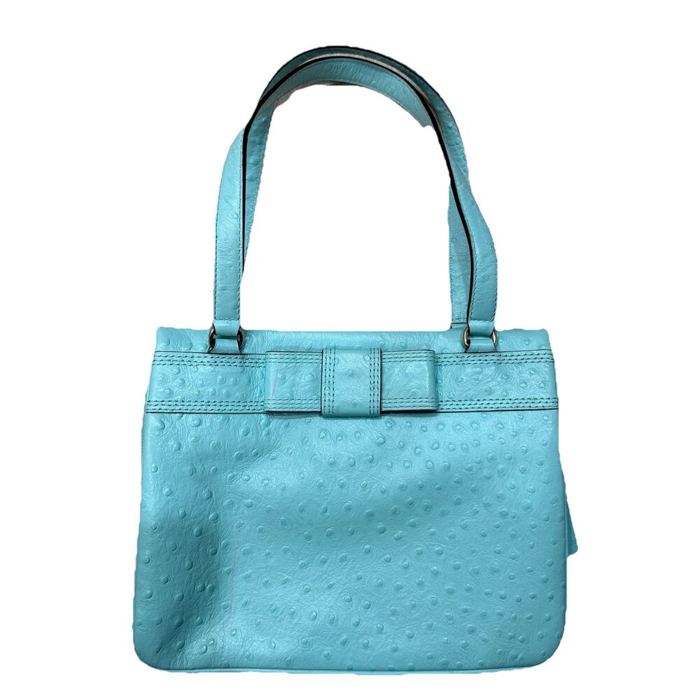 Kate Spade Robins Egg Blue Ostrich Design Embossed Leather W Bow Handbag
